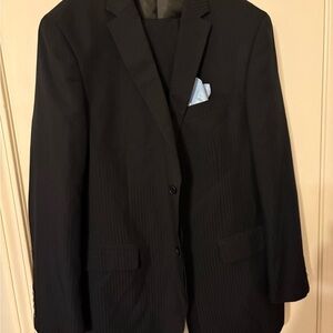 Angelo Rossi Navy Pinstripe Suit 46L OS2 Hand Tailored Two Piece